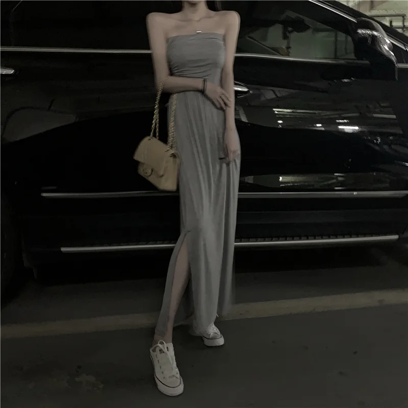 

Dress Women's New 2021 Summer Sexy Tube Top Dress Slim Fit Bottoming Skirt Temperament Pure Color Split Skirt