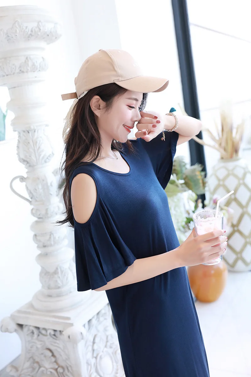 

2021 Summer New Plus Size Leaky Shoulder Dress Loose Modal Nightshirt Fat Mm Short-Sleeved Long Nightdress Women Nightgown