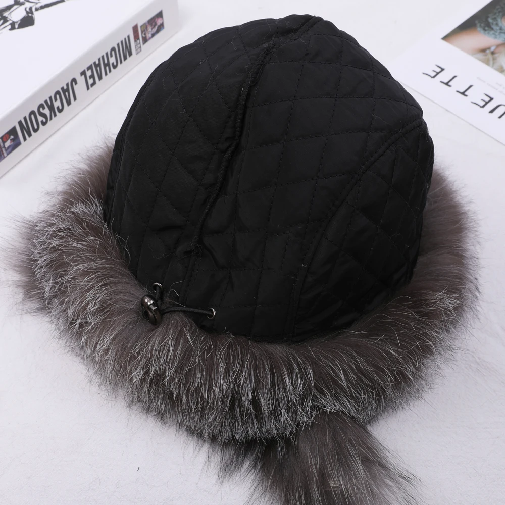 2020 Real Fox fur Women's Russian Ushanka trapper snow skiing Hat Bucket caps Beanie winter Bomber Silver fox fur hat