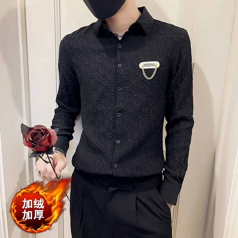 

New Tops Men Fleece Warm Shirt Autumn Winter Male Fashion Long Sleeve Business Big Size Shirt Solid Color Thick Warm Shirt S-3XL