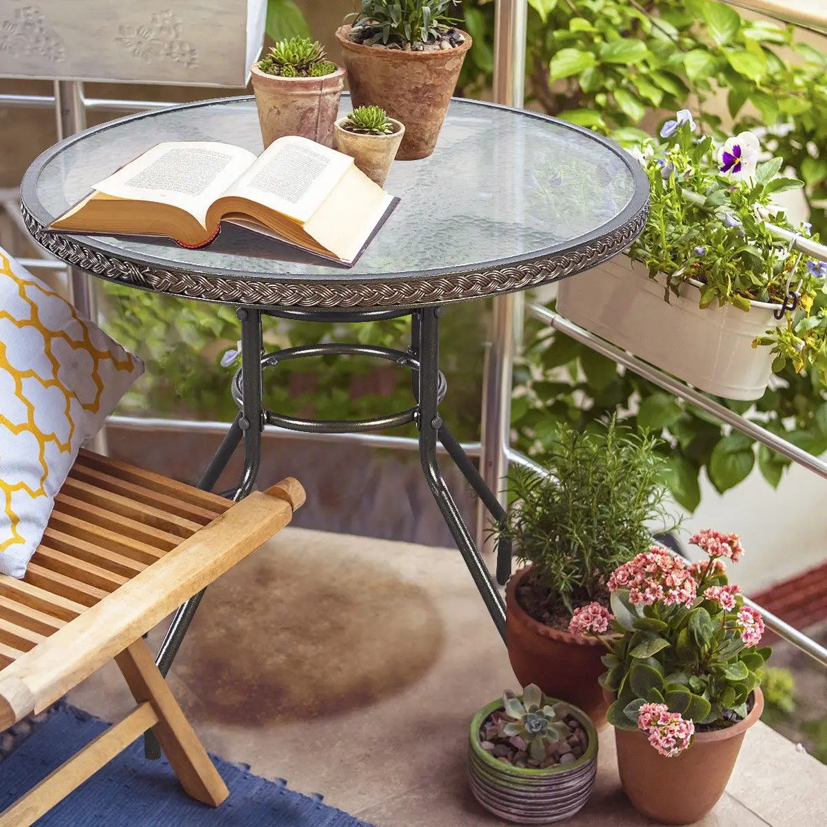 

Costway 32'' Patio Rattan Round Table Tempered Glass Furniture Outdoor Coffee Dining HW51585