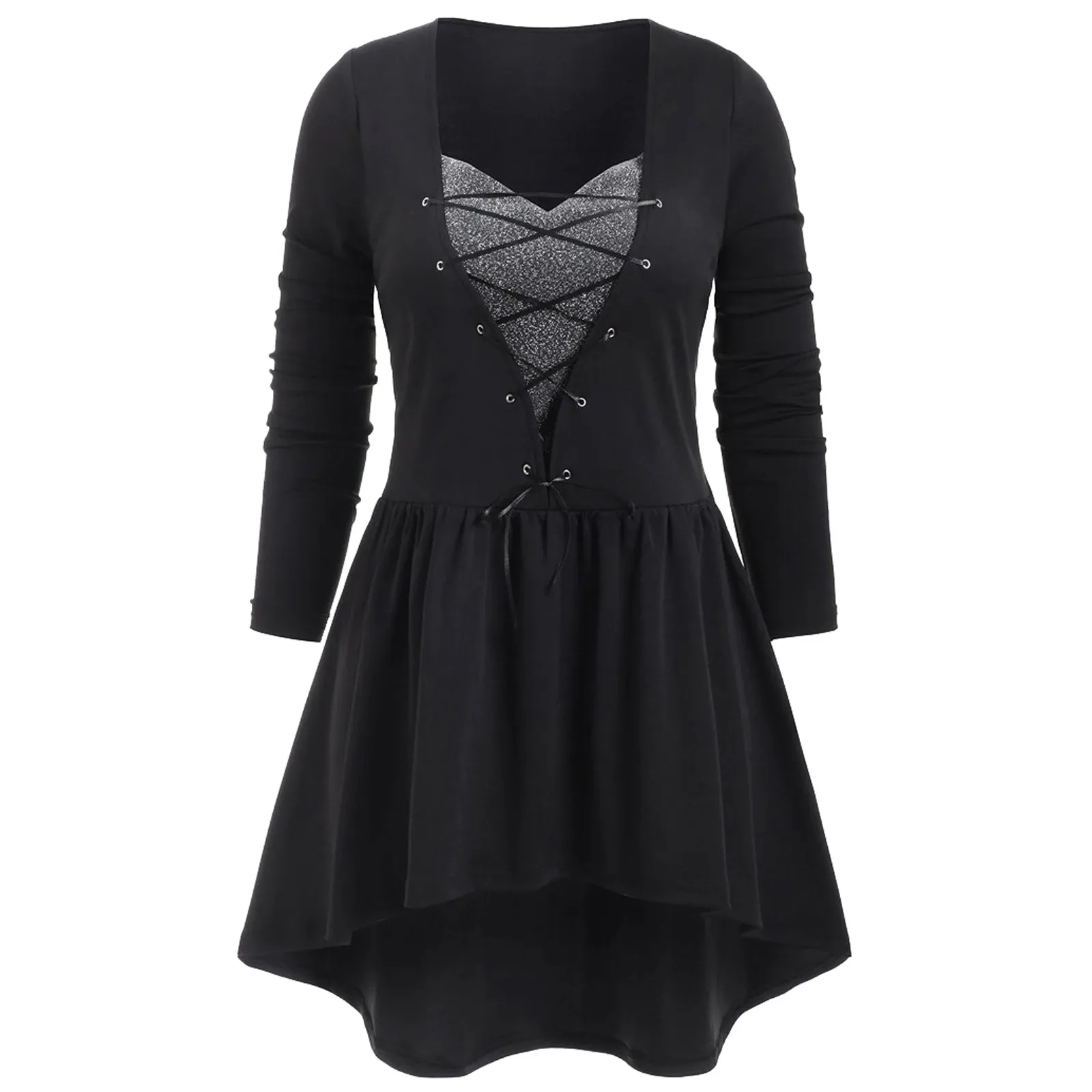 

Dress Bandage Plus Sleeve Cross Casual Women Solid Partchwork Long Size Fashion Women's Dress