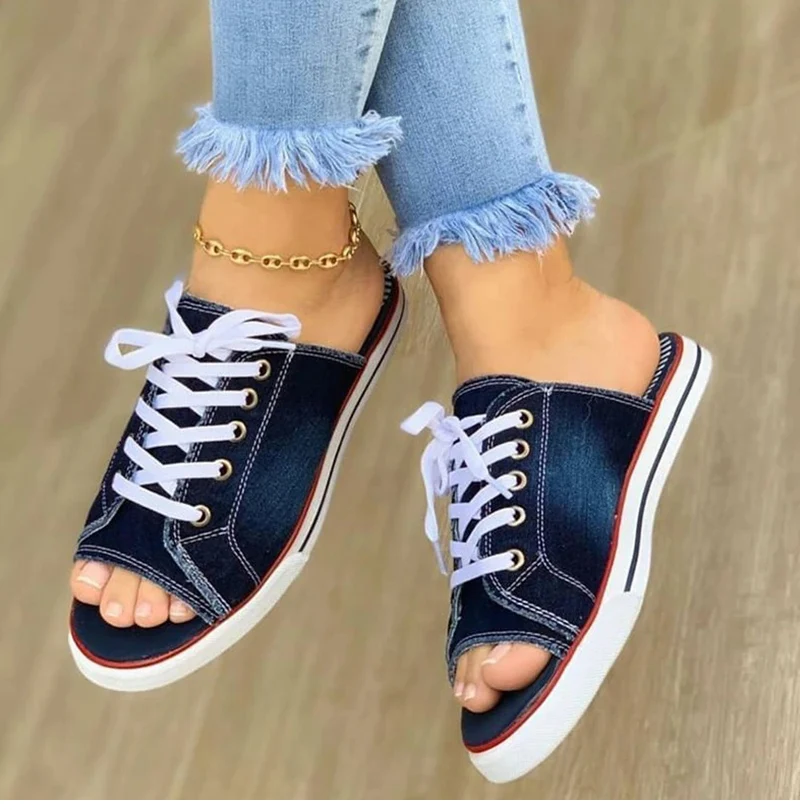 

Women Canvas Flat Slipper 2021 Woman Lace Up Ladies Peep Toe New Women's Casual Female Fashion Denim Beach Shoes Plus Size 35-43