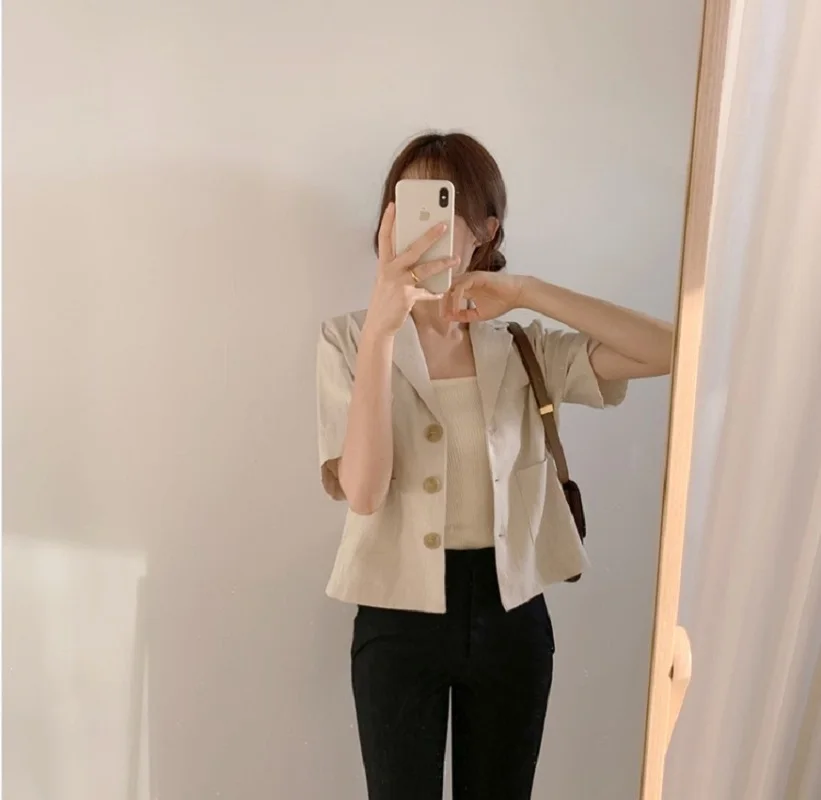 

Blazer & Suits Chic Vintage Slim Temperament Single-breasted Short-sleeved Cotton and Linen Blazers Jacket Short Summer Thin