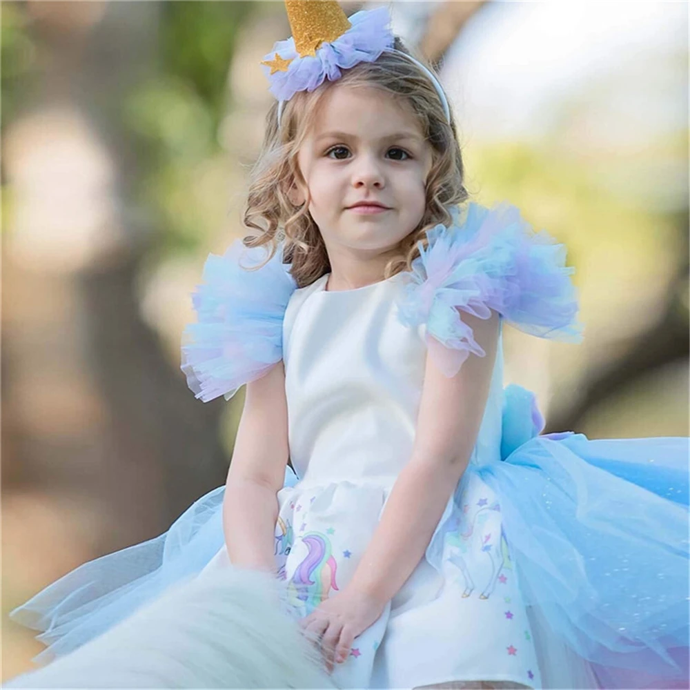 newChristmas Fluffy Girl Princess Unicorn Dress Gorgeous Backless Long Tail Wedding Kids Halloween Cosplay Costume | Детская одежда и