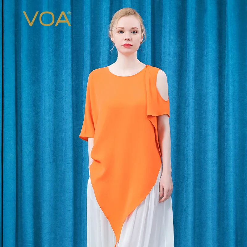 Verkaufen VOA 30 Mt/mt Schwerer Seide Rundhals Tops Fledermaus Bare Schulter Asymmetrische Manschette Dreieck Saum Orange Einfache T-shirt Frauen Kleidung BE582