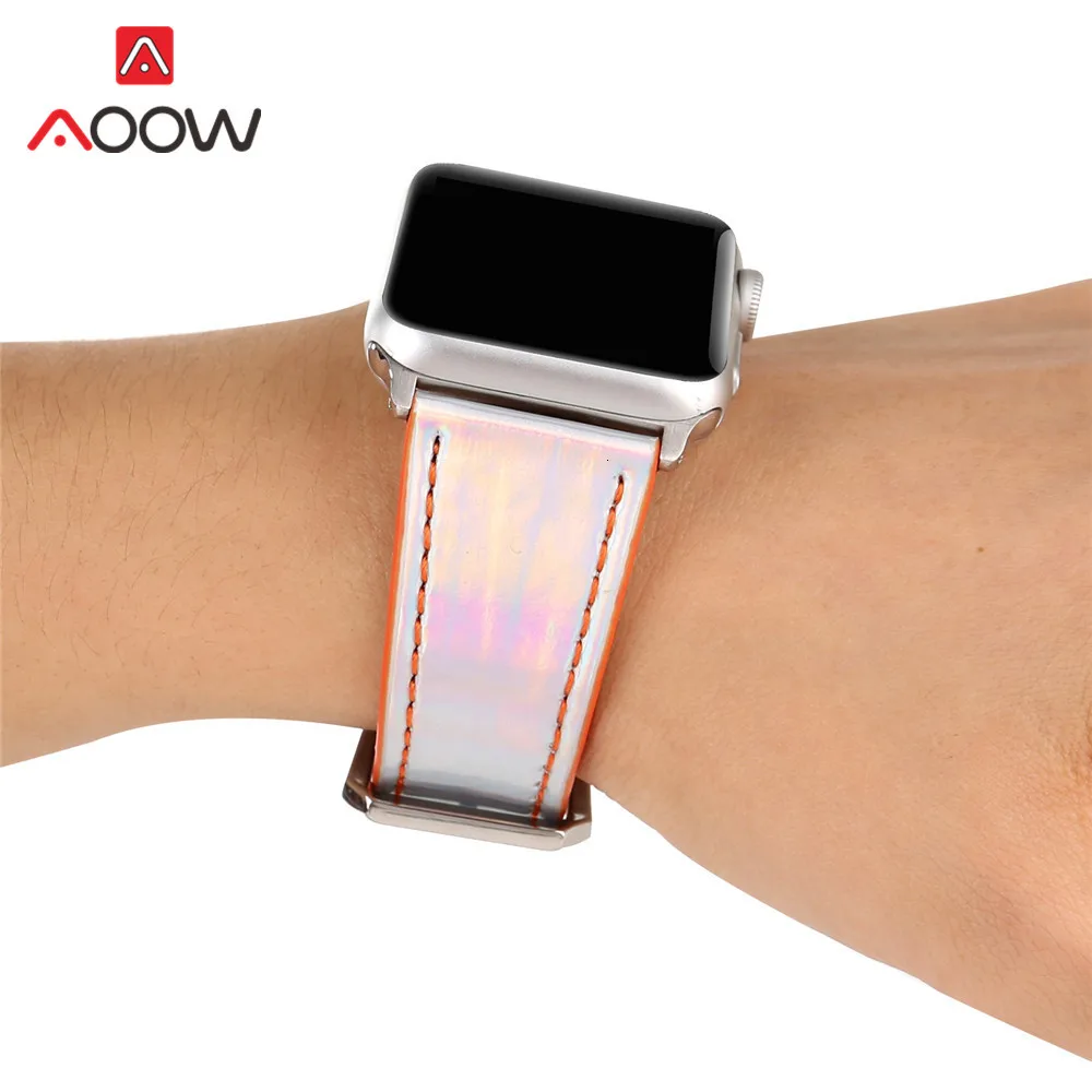 Модный Цветной кожаный ремешок для Apple Watch iwatch 4, 40 мм, 44 мм, 38 мм, 42 мм, лазерный ремешок для мужчин и женщин