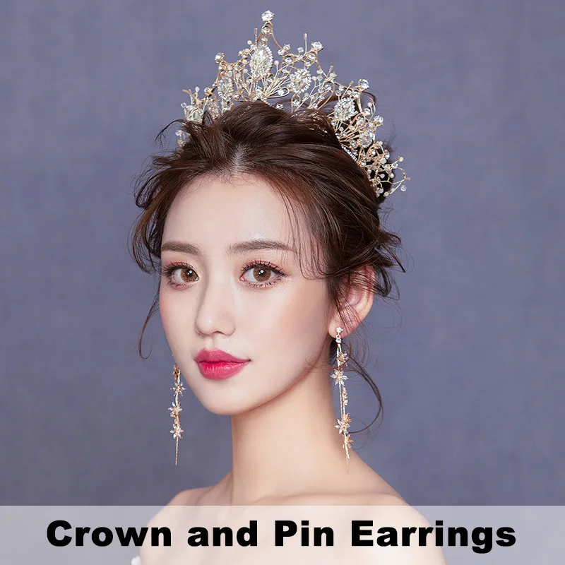 Crown Pin Earrings Золотая Корона, тиара, свадебные аксессуары для волос, украшение для невесты, украшение для головы, корона принцессы, корона для девочек, Рождественская Тиара для девушки - Окраска металла: Crown Pin Earrings