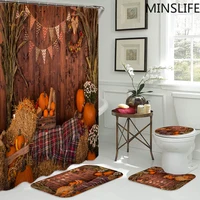 Autumn Rustic Wooden Floor Harvest Pumpkins Maple Leaves Shower Curtains Non-Slip Mat Thanksgiving Rugs Bathroom Decor