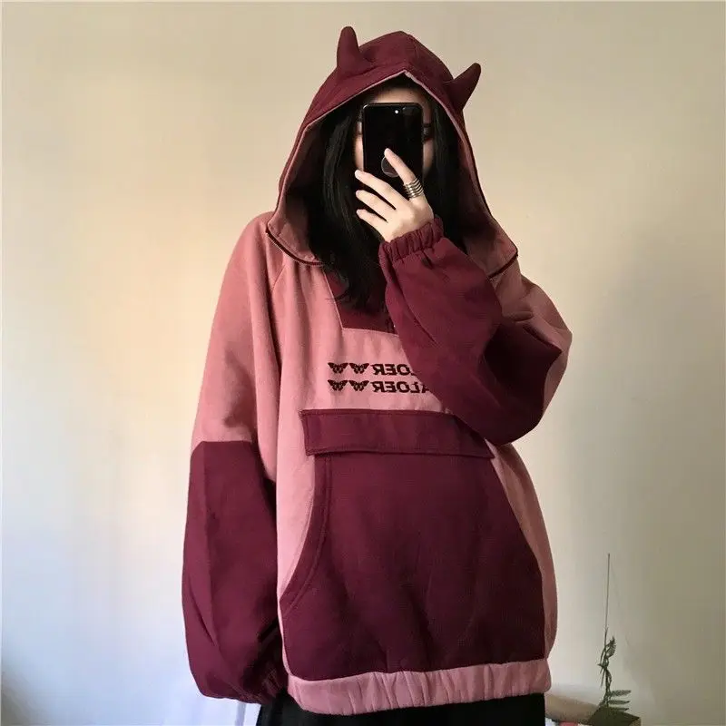 

HOUZHOU Kawaii Harajuku Hoodie Women Demon Ears Oversized Fashion Streetwear Kpop Y2k Sweatshirt Long Sleeve Zip Up Hoodies