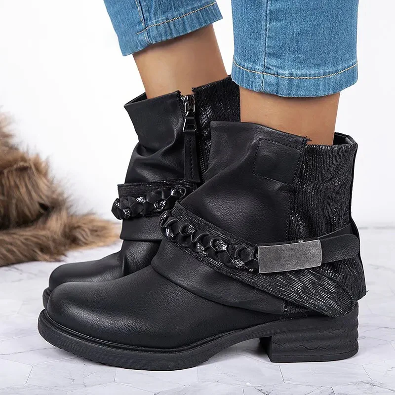 

Women's Boots In Stock! Women's Shoes Pleated Round Toe Square Heel PU Mid Boots Side Zipper Metal Decoration