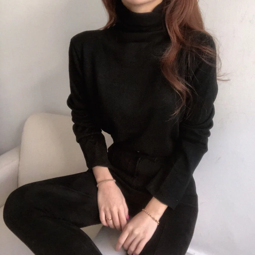 

Korean Style Chic Autumn Winter Simple Wild Turtleneck Pullover Solid Color Slim Long-Sleeved Warm Knit Sweater Women