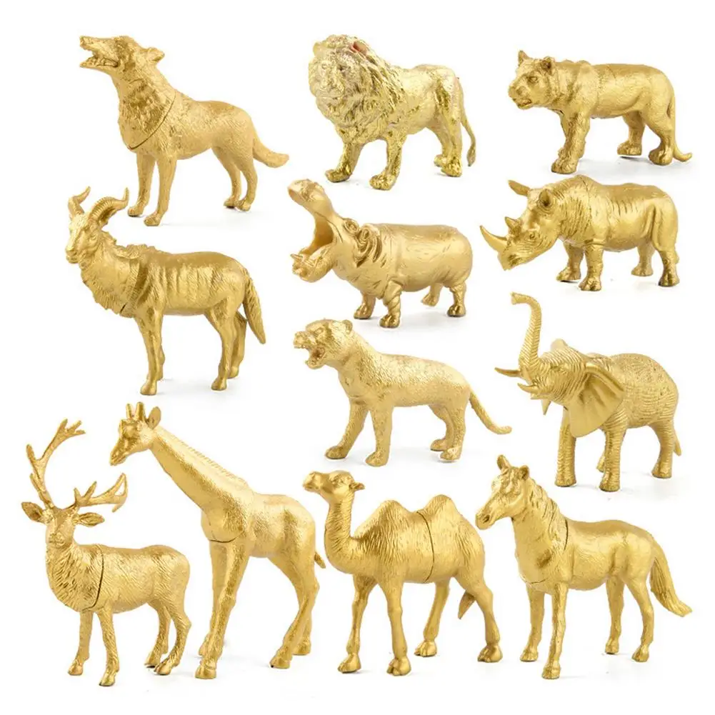 

10/12pc Golden Animal Figure Toy Simulation Lion Tiger Elephant Land Critter Animal Model Figures Toys For Children Gift