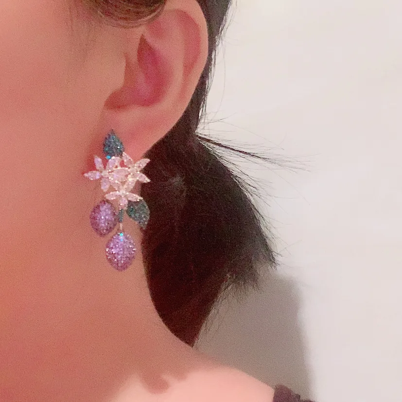 

Bilincolor fashion green leaf pink flower and purple fruit tassel drop earring for women