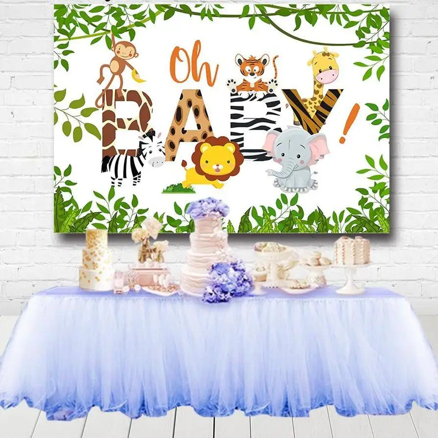 

Oh Baby Shower Backdrops For Photography Green Leaves Cartoon Lion Elephant Animals Kids 1st Birthday Party Backgrounds