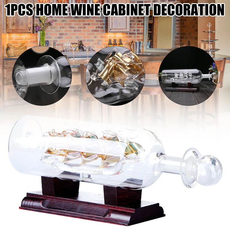 

Sailboat Drifting Bottle with Wooden Base 3D Decorative Glass Ornament Ship in Wine Bottle 24*10.2cm can CSV