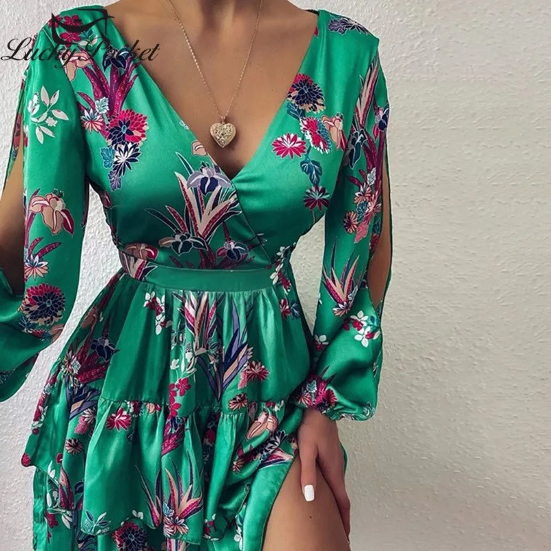 

Женское летнее сексуальное зеленое ажурное мини-платье с V-образным вырезом и цветочным принтом ML89