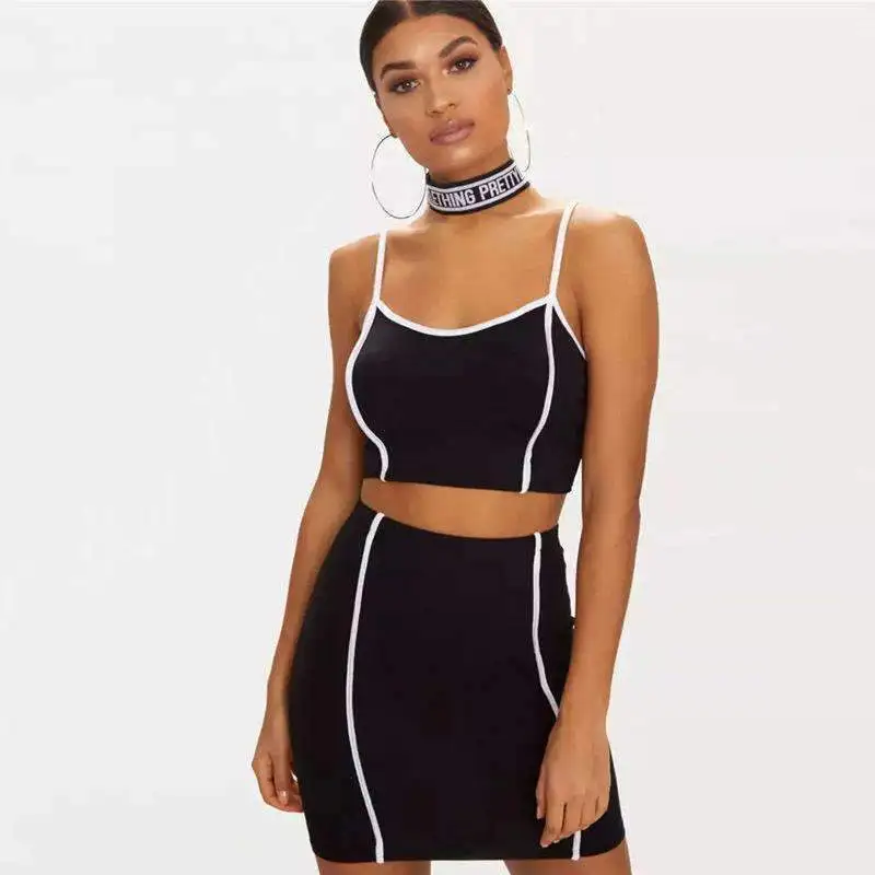 

White Line Patch Strappy Crop Top Mini Skirt Set