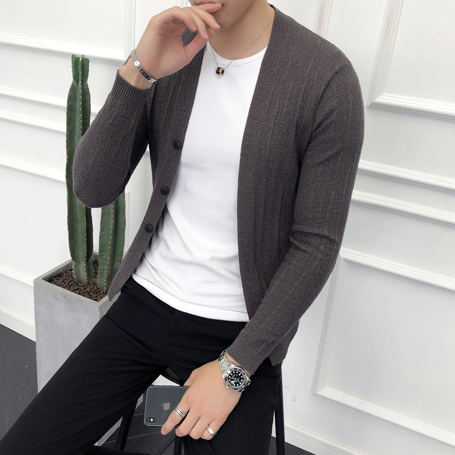 Новый осенний мужской свитер роскошный 3d полосатый вязаный кардиган мужские