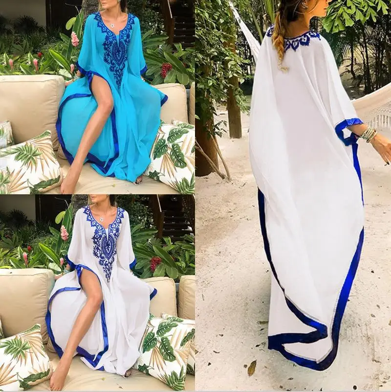 

В европейском и американском стиле; Свободные пляжные длинная юбка из шифона Вышитое Платье Бохо пляжное длинная юбка для отдыха на побереж...
