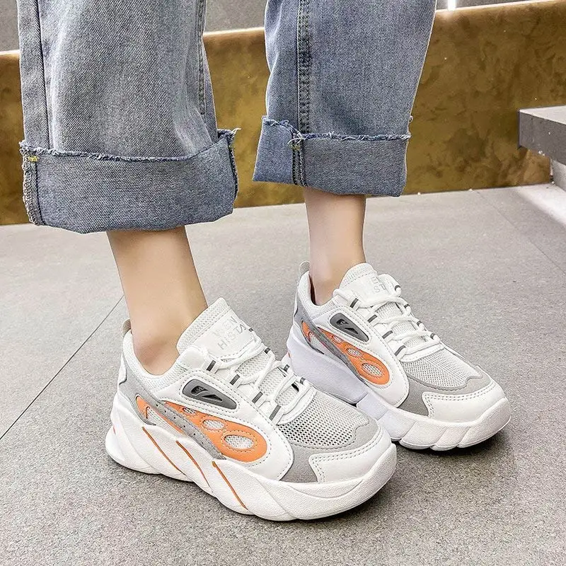 

Женские массивные кроссовки, дышащие сетчатые, на шнуровке, повседневная спортивная обувь на платформе, белые