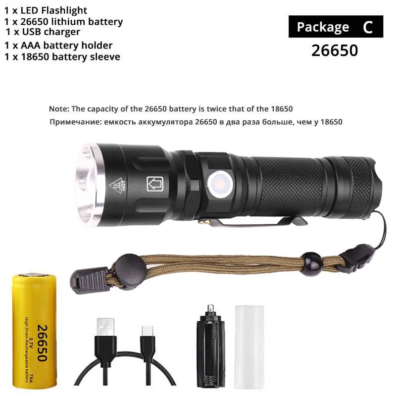 Package C-26650 Супер яркий XHP50 светодиодный фонарик водонепроницаемый 5 режимов освещения масштабируемый фонарик ИСПОЛЬЗОВАТЬ 18650 или 26650 Аккумулятор для наружных приключений - Испускаемый цвет: Package C-26650