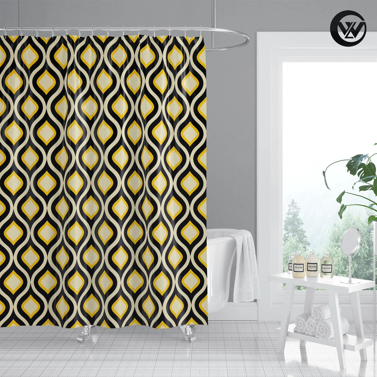 

Washable Bathroom Curtain Printed Geometric Wavy Yellow&Black Pattern Waterroof Bath Shower Curtain Thicken Home Decor
