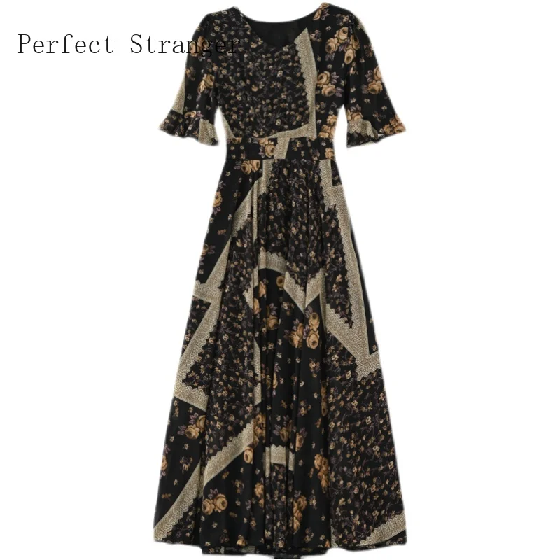 

High Quality 2021 Summer Dress For Women V Collar Floral Printed Short Sleeve Women Chiffon Long Dress