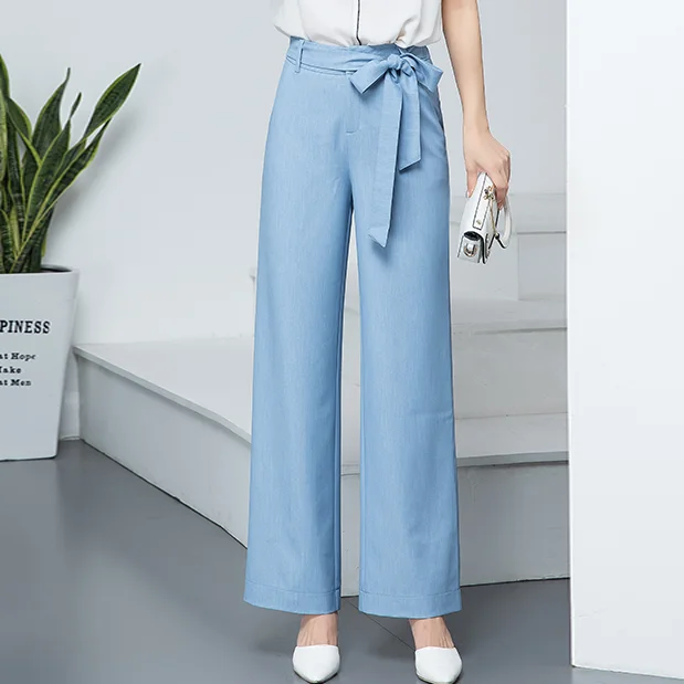 Новинка осени 2020 женские мягкие джинсы на шнурке простые широкие тянущиеся брюки