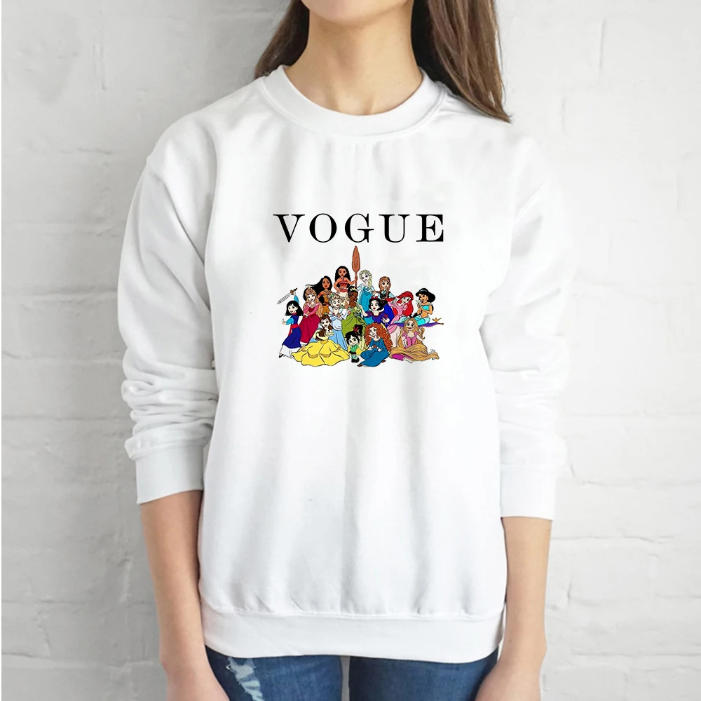 

Disney Vogue Womens Hoodies Round Neck Modern Pullover Cartoon Princess Group Photo Printed Creative Comfortable Sweatshirt