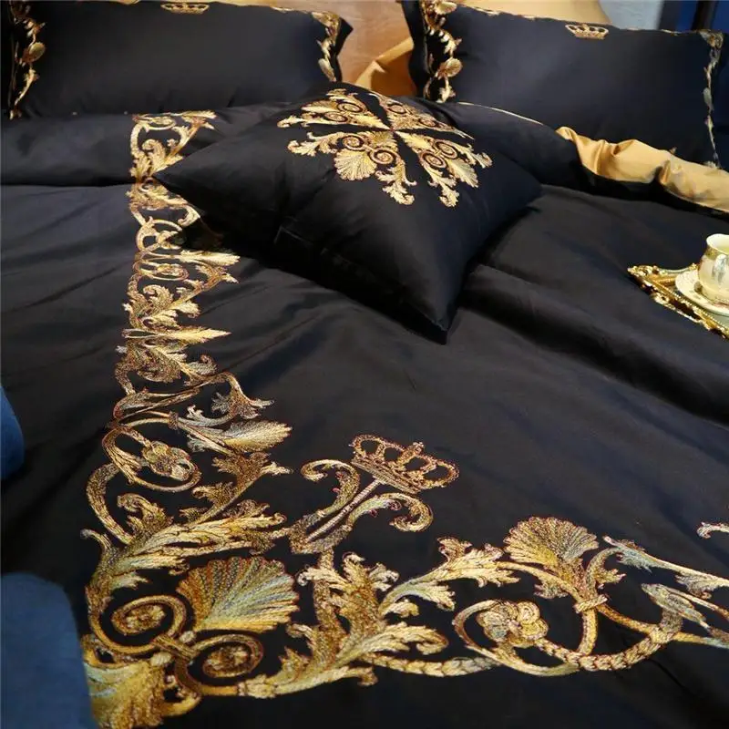 30 Egypt Cotton Black Gold Crown Bedding Set Embroidery Silky Duvet Cover Sets Bed Sheet Pillowcases Queen King size 4/6/7Pc | Дом и сад