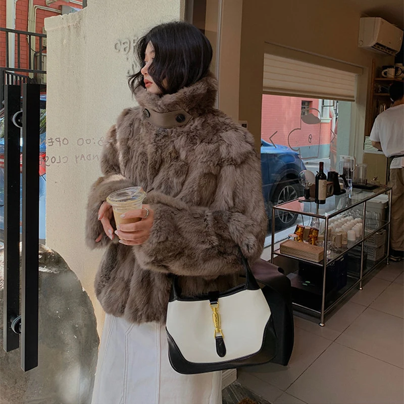 Winter Fashion Warm Super Soft Real Natural Rabbit Fur Collar Jacket Coat Rabbit Fur Outerwear Overcoat
