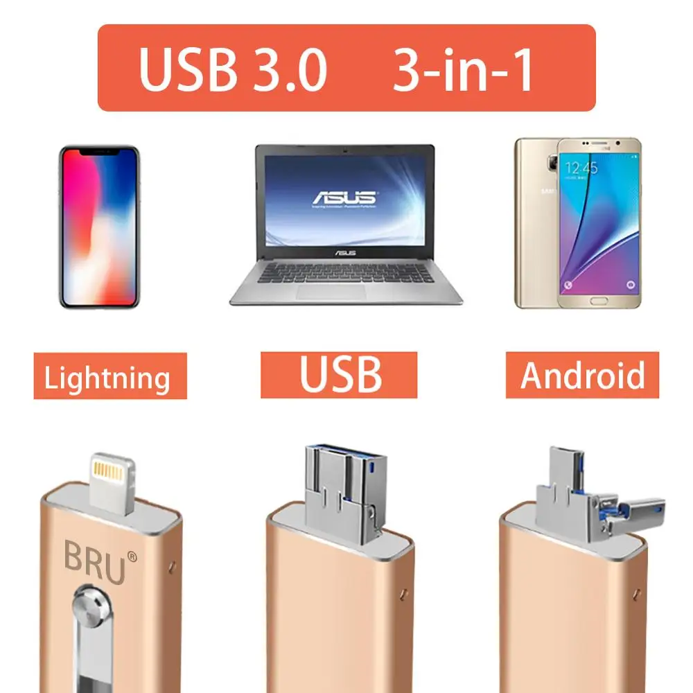 BRU OTG USB 3.0 флешка 32 ГБ 64 128 256 Для iPhone ipad Android Телефон Планшетный ПК Pen Drive накопитель
