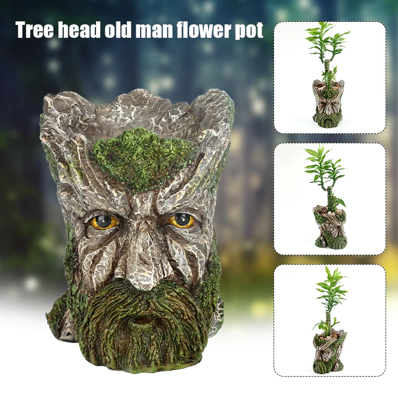 

Man Face Tree Trunk Pot Treeman Flower Planter with Green Beard Decorative Resin Flower Pot for Garden Plant XH8Z
