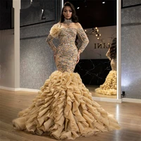 luxury gold prom dresses beads appliques tiered ruffles mermaid evening dress custom made off shoulder long sleeves party gown