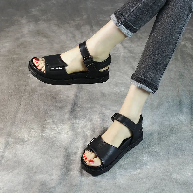 Женские кожаные сандалии черные летние туфли на низком каблуке повседневная