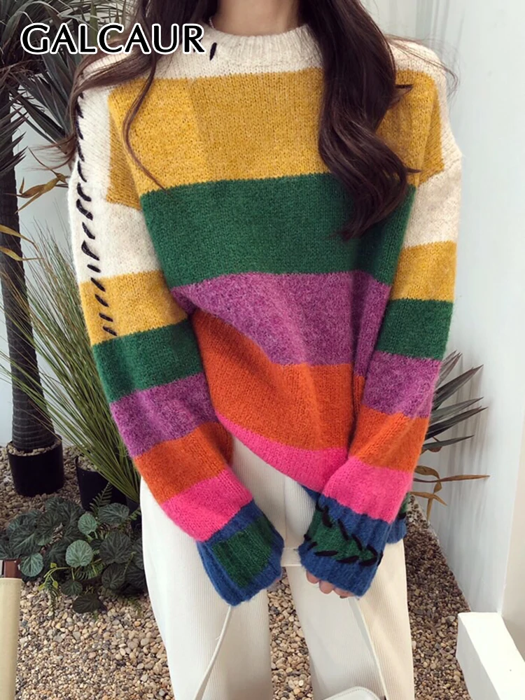 

Повседневный Свободный Полосатый свитер GALCAUR с цветными блоками для женщин, вязаный Повседневный пуловер с круглым вырезом и длинным рукав...