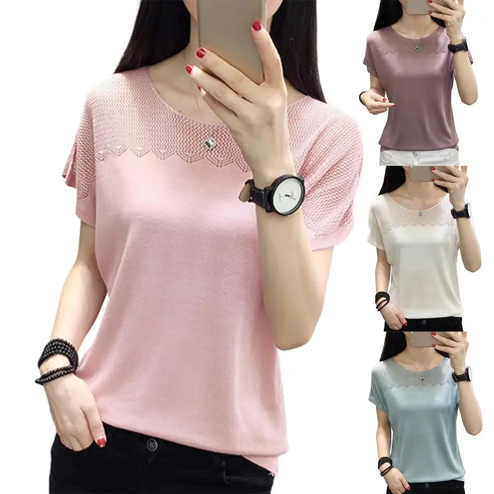 Футболка женская однотонная с круглым вырезом пикантный топ коротким рукавом