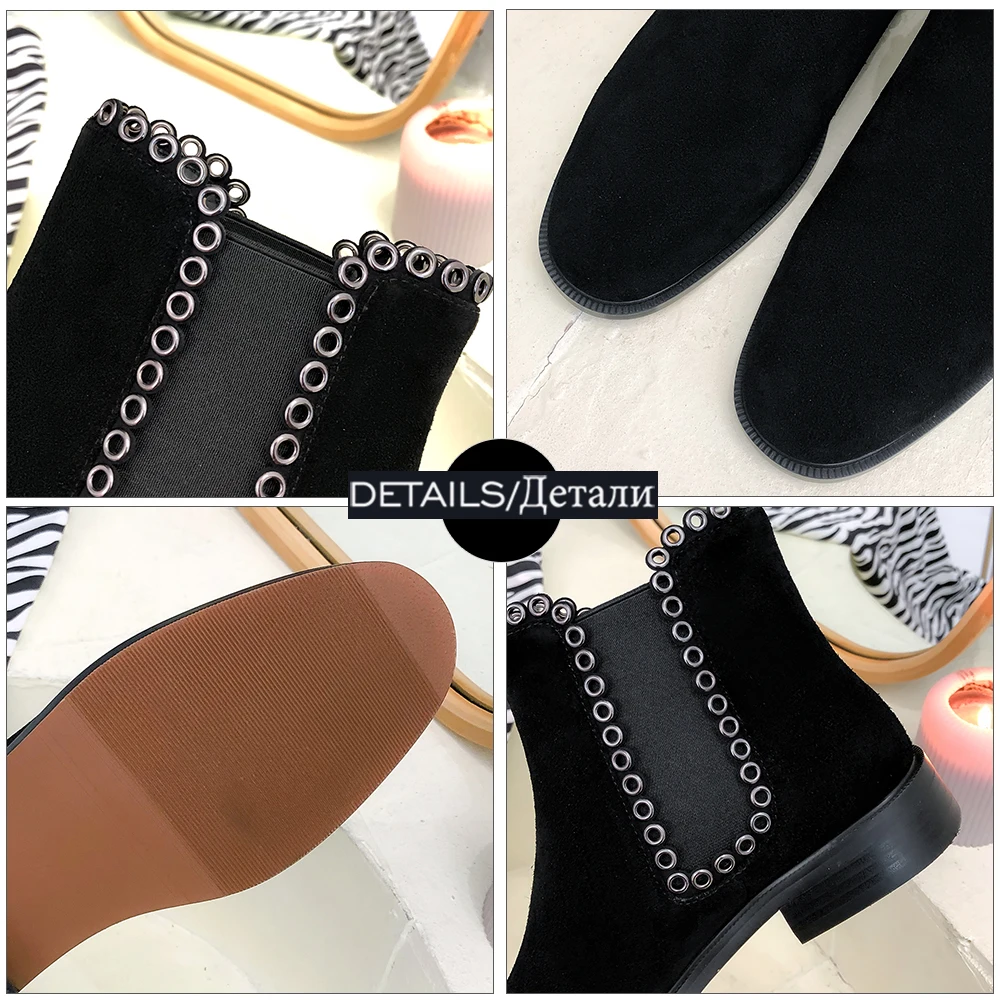 

WETKISS Suede Ankle Boots Women Metal Decor Chelsea Boot Elastic Chunky Heel Booties Black Round Toe Skid Proof Woman Shoes Flat