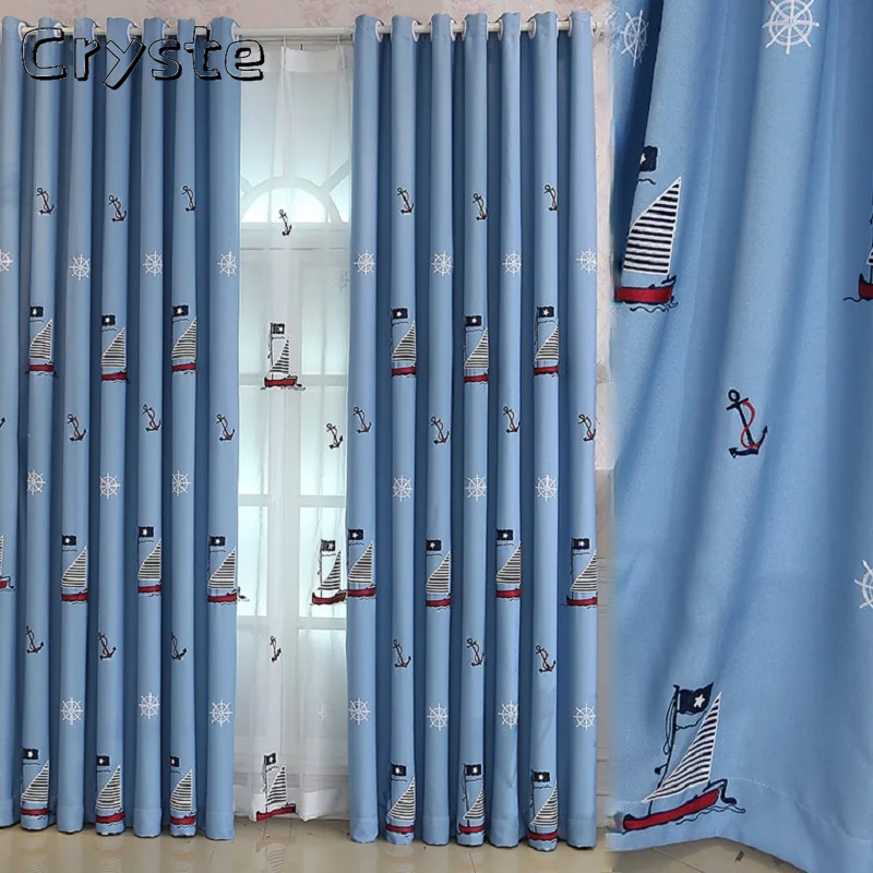 

Blue Sailing Cartoon Curtain Cotton and Linen Embroidery Children's Shading Curtains for Living Dining Room Bedroom
