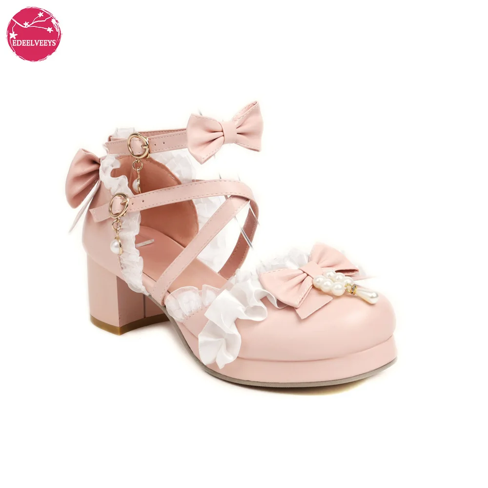 

Women Lace Sandals Summer Pearl Sandals Lolita Shoes String Bead Sweet Cute Square Heel Round Toe Girls Cosplay Party Daily Wear