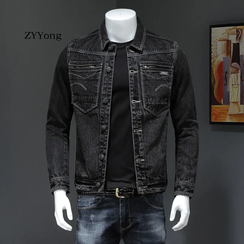 Мужская приталенная джинсовая куртка ZYYong черная в стиле ретро Повседневная