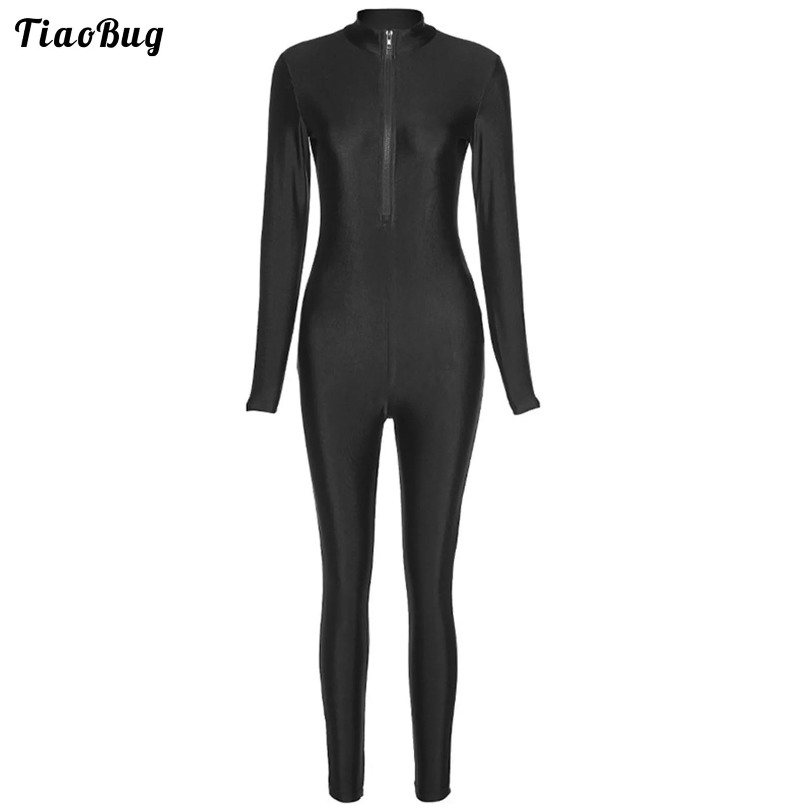 

Autumn Women Long Sleeve Jumpsuit Pure Color Stand Collar Front Zipper Closure Pants Slim Fit Sport Bodysuit For Gym Yoga Dance
