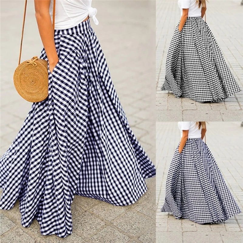 

Women Summer Vintage Literary All Match Umbrella Skirt High Waist Slim A Word Plaid Long Skirt Casual Big Swing Check Skirt