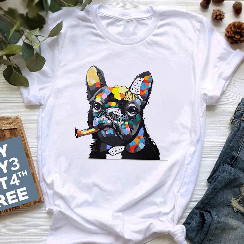 

T Shirt Top Female Imitation Cotton T-shirt Korean Style Summer French Bulldog Print T-shirts Women Cute Cartoon Pit Bull Tees