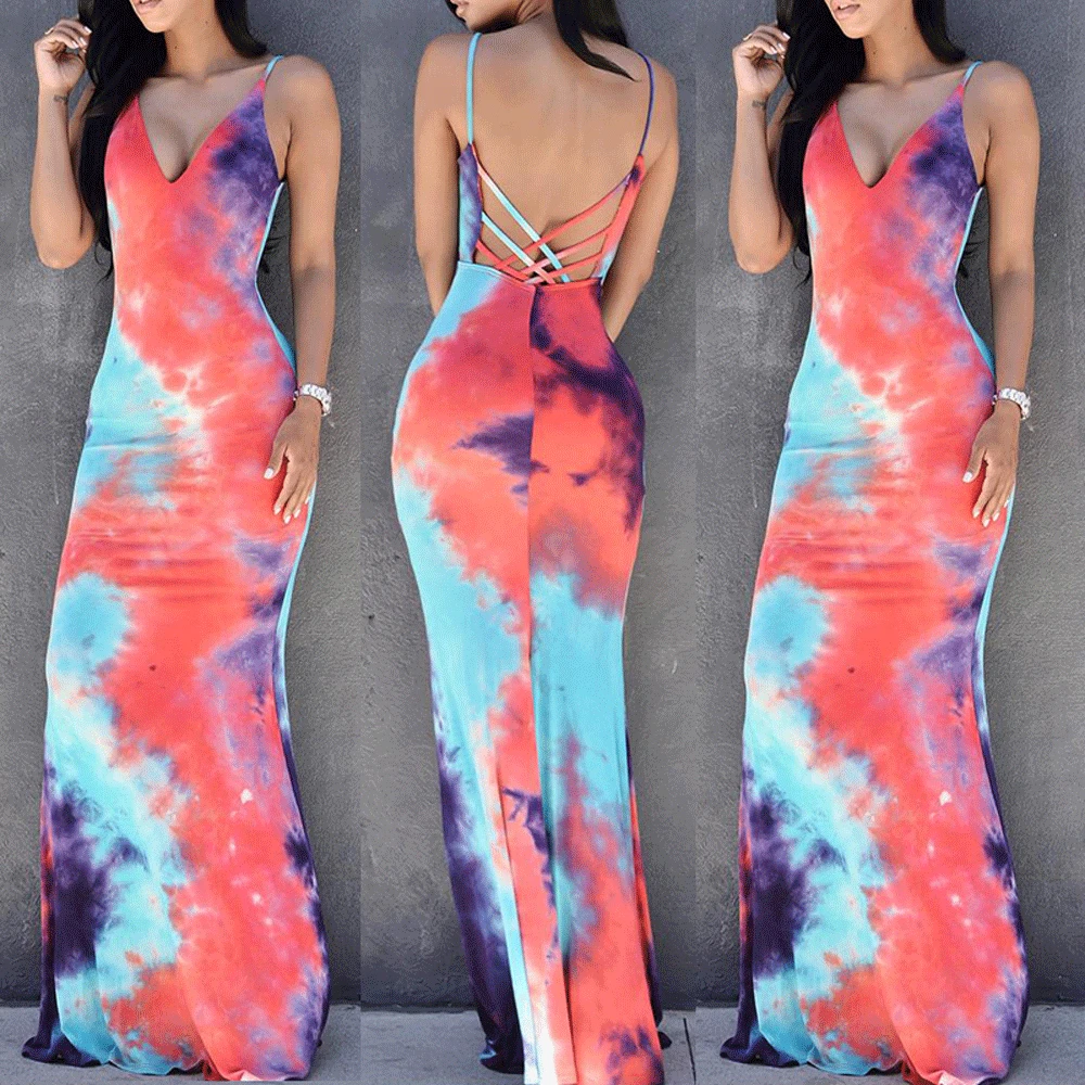 Женское длинное платье в стиле бохо пляжный Сарафан Макси с принтом и завязкой