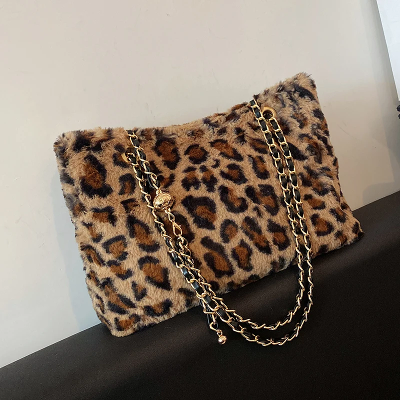 

Leopard Soft Faux Fur Crossbody Bags for Women 2021 hit Winter Trend Lady Branded Trending Chain Shoulder Handbags