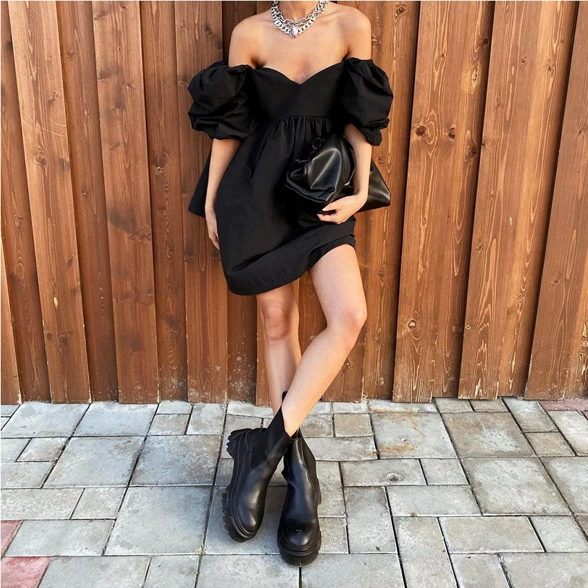 

Women Loose Dress Fashion Puff Sleeve Cotton Dresses V Neck High Waist Solid Color Retro Dress Summer Short Sleeve Casaul Dress