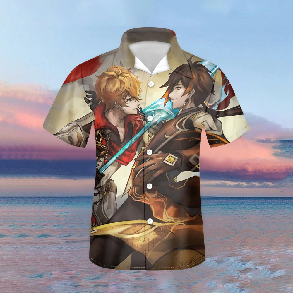 

Childe Genshin Impact Shirt Cartoon Figure Man's T Shirts Short Sleeve Button Cuban Shirt Summer Beach Casual Men's Clothing