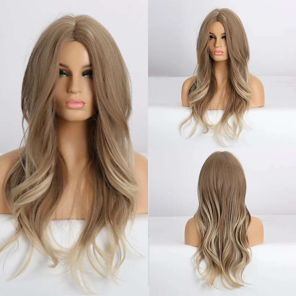 

ALAN EATON Synthetic Wigs for Women Long Wavy Ombre Light Brown Blonde Middle Part Cosplay Wigs Fake Hair Heat Resistant Fiber